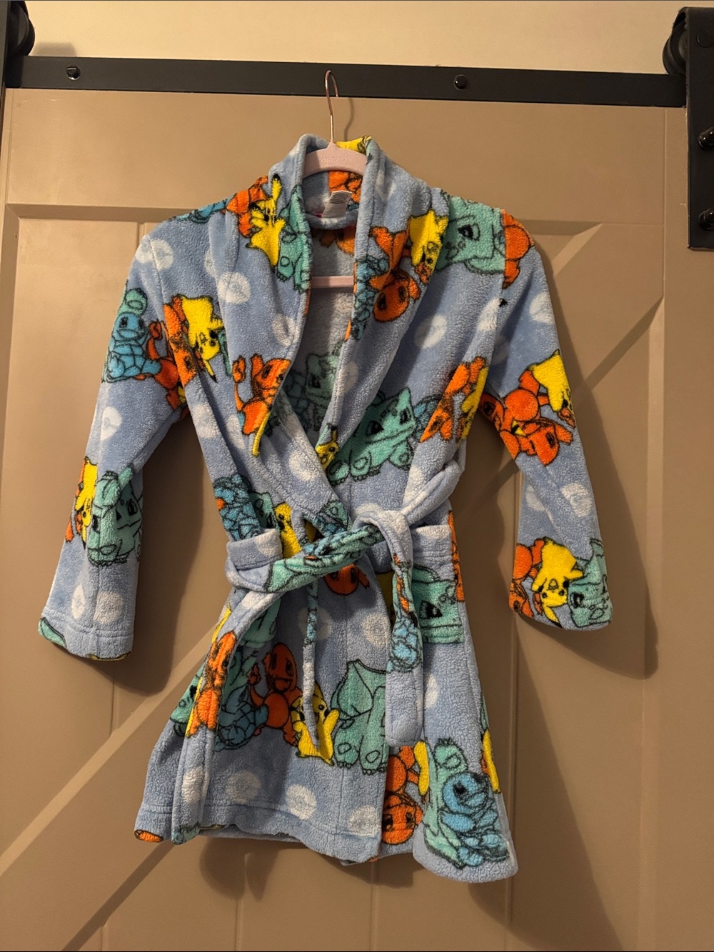 Pokemon Kids Light Blue Fleece Robe with Yellow Orange Green Character Prints
